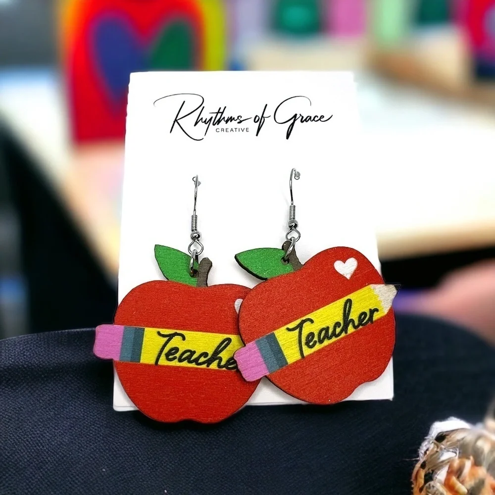 Teacher Apple & Pencil Wooden Earrings Back to School NWT